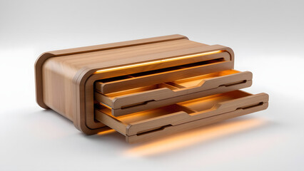 Futuristic wooden drawer with smooth rounded edges and warm internal lighting, featuring smart hidden compartments for modern storage