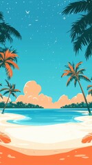 Fototapeta premium Serene tropical beach scene with tall palm trees sandy shore clear water vibrant sunset sky and stars creating a peaceful island paradise atmosphere
