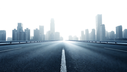 Estra wide panoramic highway leading to a modern city skyline n the horizon. Tall buildings and skyscrapers. Bright misty foggy background. PNG