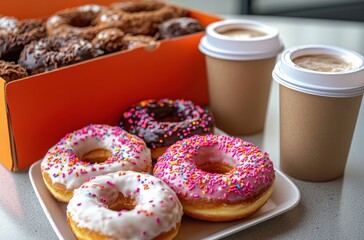 Delicious Assortment of Frosted Doughnuts with Coffee Cups in Cozy Setting Ready for Enjoyment and Sharing at Afternoon Break or Celebration