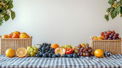 Vibrant colorful assortment of fresh assorted fruits including s, oranges, grapes, lemons, and melons arranged on a checkered tablecloth with baskets on a light background