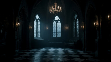 Mysterious Gothic Hallway with Majestic Chandelier