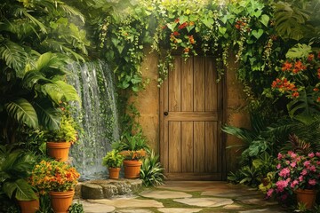 Fototapeta premium Lush garden scene with a waterfall and wooden door.