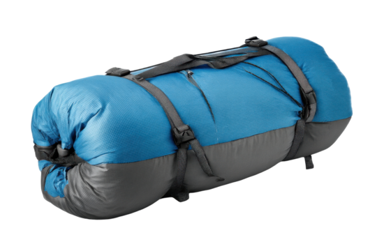 Rolled blue sleeping bag isolated on transparent png background