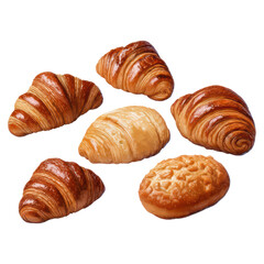 Assorted Freshly Baked Croissants and Bread Rolls on a Table, isolated on transparent background.