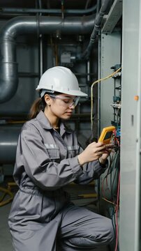 A vertical video shows an asian female electrician kneeling beside an open control cabinet while checking voltage with a digital multimeter. Concept of preventive maintenance and industrial safety.