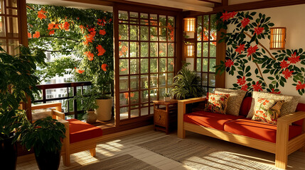 Serene Balcony Retreat: An inviting and tranquil balcony scene, showcasing a comfortable sofa and lush greenery. The space is awash with natural light. 