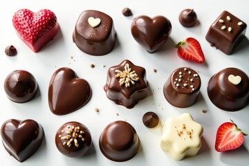 Assortment of gourmet chocolates on white background , background, luxury food