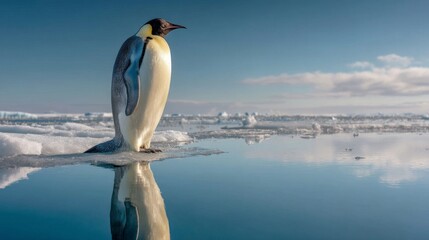 Obraz premium An emperor penguin stands tall on a frozen landscape, gazing over the icy waters that mirror the vibrant sky. The unique setting captures a moment of tranquility in the Antarctic wilderness
