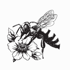 Black and white Honey Bee Collecting Nectar Flower Image Vector Isolated on white Background.