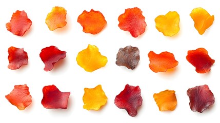 Fototapeta premium Assorted colorful, petal-shaped snacks arranged in rows against a white background. Perfect for food blogs, packaging, or culinary websites.
