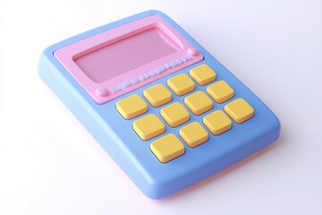 A cheerful 3D-rendered calculator in vibrant pastel tones of light blue, lavender, and yellow, designed with a playful and modern aesthetic