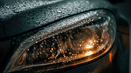 Close-up of a car's headlight covered in raindrops, glowing softly with warm light