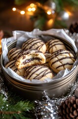 Delicious Chocolate Drizzled Cookies in Decorative Tin for Festive Treats and Holiday Celebrations with Warm Lights and Pine Decorations
