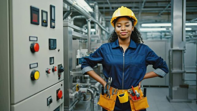 A confident african female industrial engineer wearing a yellow hard hat and loaded tool belt stands hands on hips in a modern control room. Concept of technical competence and production leadership.