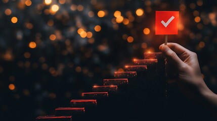 A professional's hand presenting a checkmark on a digital interface, with stair graphics and a red flag icon, representing the achievement of business goals on a dark backdrop