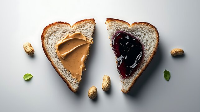 Two pieces of heart-shaped bread One with peanut butter, the other with jam. Laid on a clean surface - Powered by Adobe