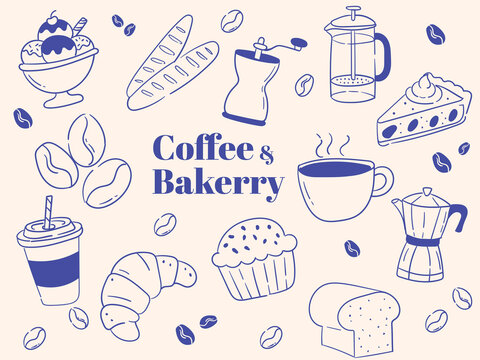Coffee and bakery doodle illustrations featuring croissants, muffins, coffee cups, grinders, beans, and pie slices, perfect for cafe designs, bakery branding, breakfast menus, and cozy food projects.