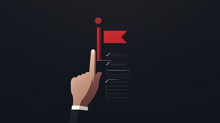 A professional's hand presenting a checkmark on a digital interface, with stair graphics and a red flag icon, representing the achievement of business goals on a dark backdrop