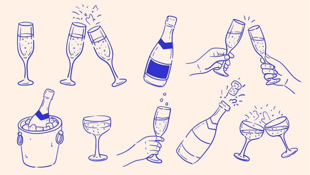 and-drawn champagne celebration set with doodles of toasting glasses, popping bottles, and bubbly drinks, ideal for party invitations, holiday cards, wedding events, and festive decorations.