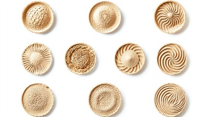Fototapeta premium Set of dry beach sand patterns in circular shapes on white background.