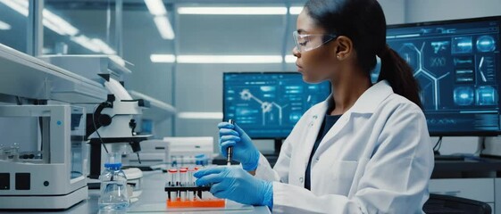 A young african female scientist carefully pipettes samples into test tubes under glowing digital panels. Concept of biomedical research and laboratory precision. - Powered by Adobe