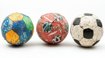 Set of eco-friendly soccer balls made from recycled materials on white background.