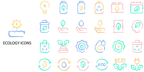 Ecology simple concept 24 hand drawn color icons set. Contains such  .Vector illustration.