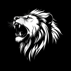 Fierce lion roaring with detailed mane against a black backdrop showcasing natural majesty and power