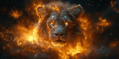 Majestic lion head emerges from fiery cosmic backdrop in a stunning celestial display