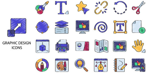 Fototapeta premium Graphic design simple concept 24 color icons set. Contains such web design, draw, illustration, portfolio, website, creativity, art, painting, print etc. Vector illustration.