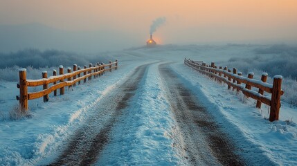 Obraz premium Winter Wonderland: A Serene Snow-Covered Road Leading to a Distant Cabin