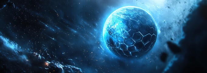abstract futuristic background with glowing blue planet and hexagon shapes, digital technology banner with global network connection concept on dark background