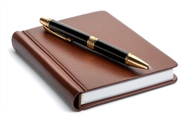 Naklejka premium Brown leather notebook with a black and gold pen