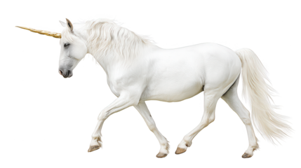A majestic white unicorn with a golden horn walks on a seamless background.