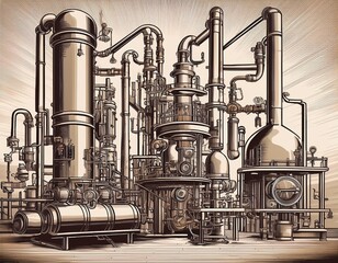 intricate industrial distillery illustration showcases complex machinery and pipes in detailed engraving style