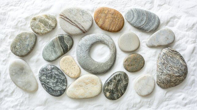 Set of flat, round stones arranged in a spiraled pattern on a white sand surface on a white background