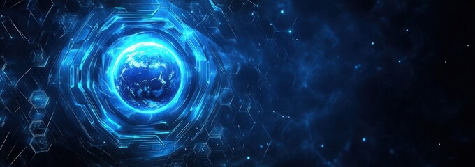 abstract futuristic background with glowing blue planet and hexagon shapes, digital technology banner with global network connection concept on dark background