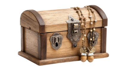 A small wooden treasure chest holds an antique necklace on a white background.