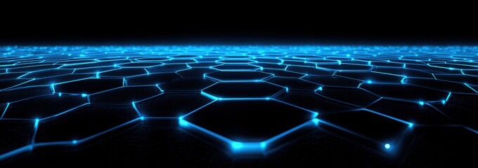 abstract futuristic background with glowing blue planet and hexagon shapes, digital technology banner with global network connection concept on dark background