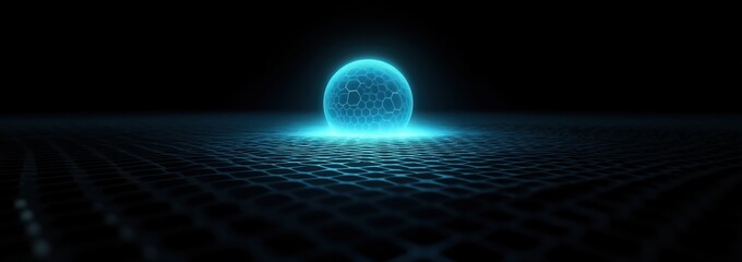 abstract futuristic background with glowing blue planet and hexagon shapes, digital technology banner with global network connection concept on dark background