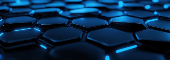 abstract futuristic background with glowing blue planet and hexagon shapes, digital technology banner with global network connection concept on dark background