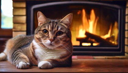 cat relaxing beside fireplace