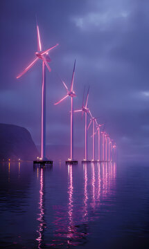 Wind Turbines Glow Against Twilight Skies Offering a Futuristic Vision of Renewable Energy Production
