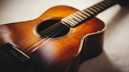 Fototapeta premium Close-Up View of Acoustic Guitar with Warm Wooden Finish