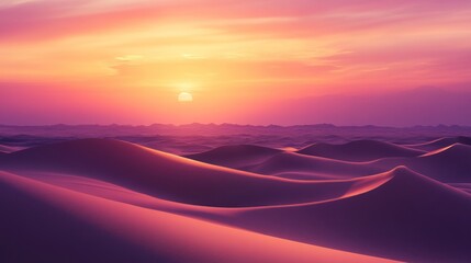 Vibrant sunset over rolling sand dunes in a desert landscape.