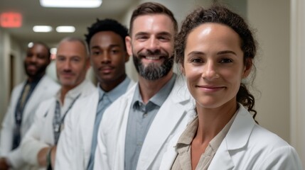 Fototapeta premium Smiling doctors stand shoulder to shoulder in a hospital hallway, embodying collaboration and professionalism. Their white coats reflect their commitment to healing and health