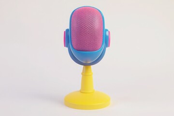 A 3D-rendered illustration of a classic-style microphone with a pink mesh grille, blue body, and yellow base, designed for audio contexts.