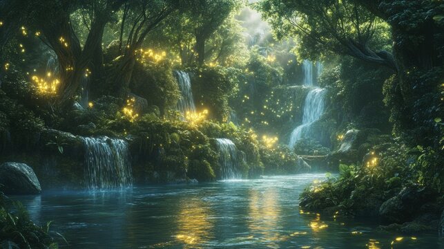 Magical forest river scene with waterfalls and fireflies.
