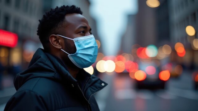 african american man wearing protective face mask walking in urban street at dusk, city lights and blurred traffic in background. pandemic safety, urban lifestyle. - Powered by Adobe